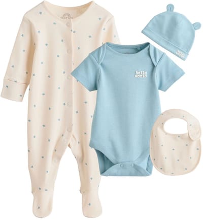 Next - Jongens - 4-delige babyset van pyjama, romper, beanie en slabbetje - Blauw