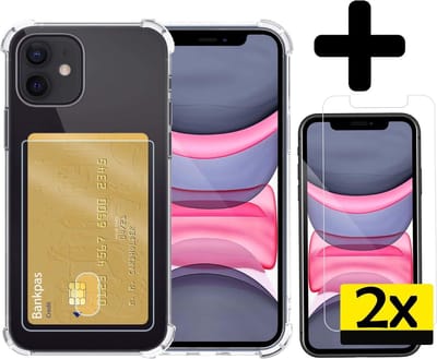 Hoesje - Geschikt voor Apple iPhone 11 - Met 2x Screenprotector - Pashouder - Kaarthouder - Telefoon Hoes Shockproof - Siliconen Case - Back Cover - Shock Proof - Pasjes Houder - Telefoonhoesjes - Transparant