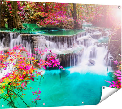 Gards Tuinposter Waterval in de Herfst met Kleurrijke Bloemen - 120x90 cm - Tuindoek - Tuindecoratie - Wanddecoratie buiten - Tuinschilderij