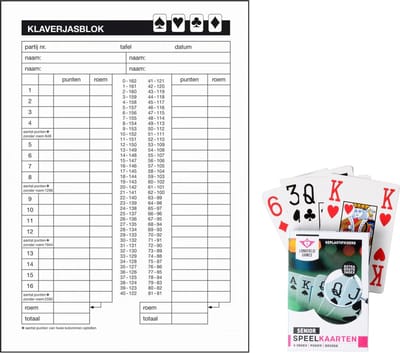 Klaverjas scoreblok met speelkaarten - voor senioren/slechtzienden - A5 - 50 vellen - klaverjassen spel