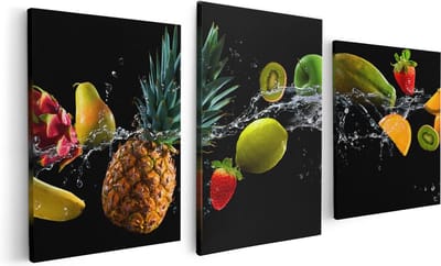 Artaza Canvas Schilderij Drieluik Fruit Met Water Op Zwart Achtergrond - 120x60 - Foto Op Canvas - Canvas Print