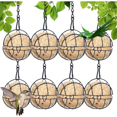 longziming -Houder voor voederballen – Set van 8 – IJzeren voederhuisjes met scharnierend deksel – Compact ophangsysteem – Geschikt voor tuin, balkon en voederstations