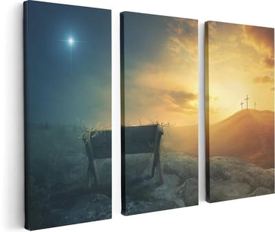 Artaza Canvas Schilderij Drieluik Kribbe en Drie Kruisen  - 120x80 - Foto Op Canvas - Canvas Print