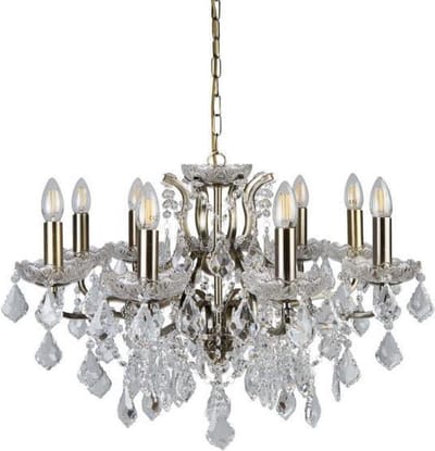 PARIS 8LT CHANDELIER, CLEAR CRYSTAL DROPS & TRIM, ANTIQUE BRASS