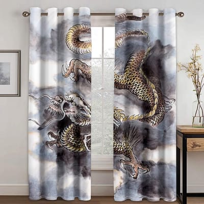 Chinese mythologie draak element gordijn woonkamer balkon Oosterse Totem stijl lage verduistering huis verfraaiing gordijnstof W50xH130(CM)x2pcs&Grommet Top