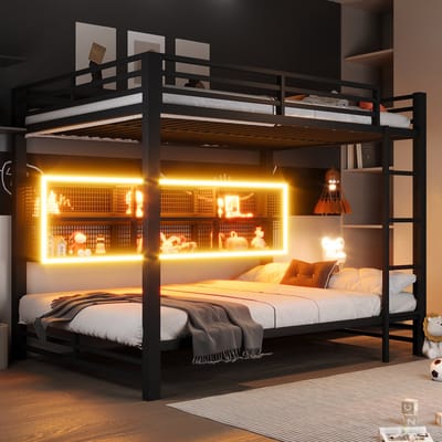 Stapelbed - 140x200 cm - Met Opbergkasten en Led - Extra Veel Bergruimte - Metaal - Zwart