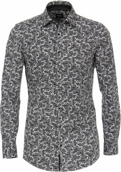 VENTI body fit overhemd - zwart met grijs en wit paisley dessin (contrast) - Strijkvriendelijk - Boordmaat: 39 (EU maat: M)