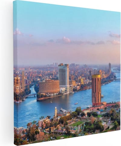 Artaza Canvas Schilderij Stad Egypte - 30x30 cm - Klein - Muurdecoratie Skyline - Wanddecoratie Nijl - Kamer Accessoires