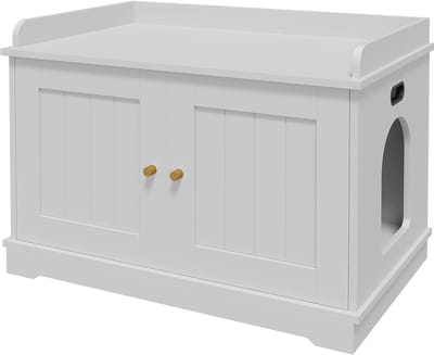 kattenbak, kattenhuis,Houten kattenbakmeubel 80 cm - verborgen kattenbak kast met schuurdeur - kattenhuis & bank - geventileerd - wit