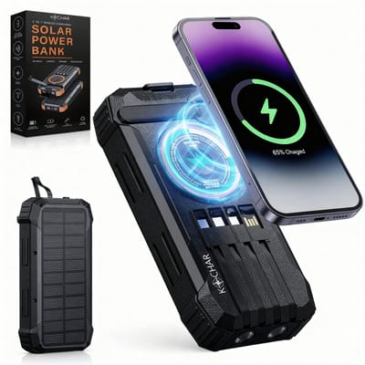 Kochar Solar Powerbank 20000 mAh - Powerbank Zonneenergie - Snellader 22.5W - Draadloos Laden 15W - Handcrank Opladen - Zaklamp - Laser - Kompas - 4 Ingebouwde Kabels - Powerbank voor Noodpakket - Zwart