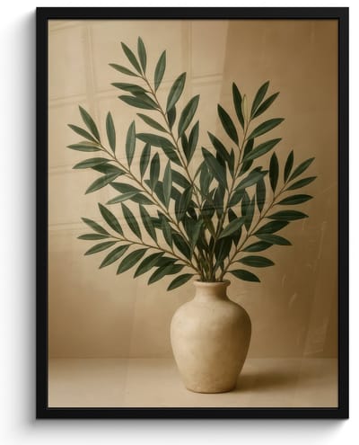 Poster in lijst - Fotolijst 60x80 cm - Posters - Vaas - Olijftakken - Bladeren - Beige - Posterlijst zwart - Decoratie - Wanddecoratie woonkamer - Muurdecoratie slaapkamer