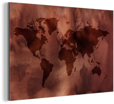 Aluminium schilderij 180x120 cm - Wanddecoratie metaal - Wereldkaart - Sepia - Textiel - Metalen muurdecoratie woonkamer - Decoratie industrieel - Foto op dibond - Industriële accessoires slaapkamer