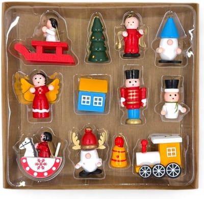 Kerstboomhanger handbeschilderd - Houten kerstboomversiering - Set met nostalgische motieven - Verschillende designs - 12 stuks - 3-5 cm - Kerstdecoratie