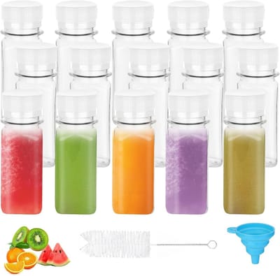 Famanu - Set van 12 plastic flessen 60 ml met lekvrije dop en trechter, geschikt voor sap en smoothie – Transparant