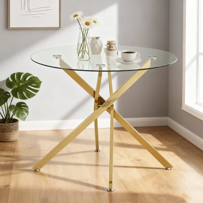 Pugsdrly Ronde eettafel met blad van gehard glas en goudkleurige poten, salontafel, moderne minimalistische eettafel, 80 × 80 × 76 cm