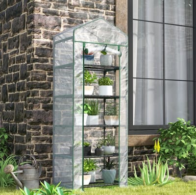 MEUNIQ Tomatenkas 69 x 49 x 193 cm met 5 niveaus, oprolbare deur, stalen frame en transparante hoes, kweekkas voor balkon, tuin en planten