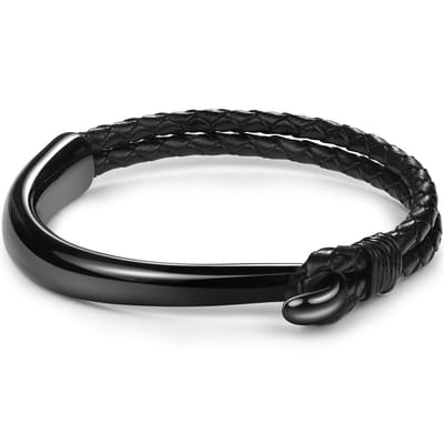 Victorious Unieke Leren Armband Heren – Zwart Leer & Zwart Staal – Zwart – 22cm