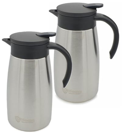 B-Home Koffie en warme dranken thermoskan/isoleerkan - 2x stuks - met schenktuit - rvs - zilver - 1 liter - 24 cm - Koffiekan