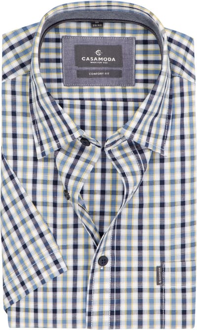 CASAMODA Sport comfort fit overhemd - korte mouw - popeline - wit met blauw en geel geruit
