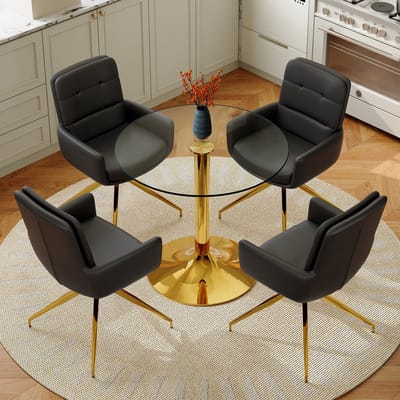 FloraGrace Eetkamerset 85 Cm – Ronde Glazen Tafel Met 4 Draaistoelen – Voor Eetkamer En Horecaruimte – Glas En Metaal – Zwart Goud
