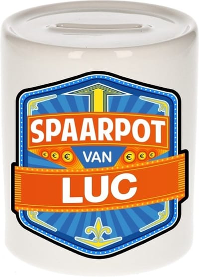 Bellatio Decorations Kinder spaarpot met naam - Luc - keramiek - met dop - wit - Sparen - Spaargeld van Luc