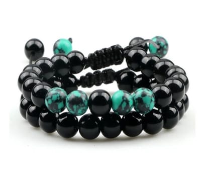 EmmyRovi Kralenarmband Set Zwart Turquoise – 2 Armbanden – Verstelbare Armband – Stoere Sieraden Set voor Hem en Haar