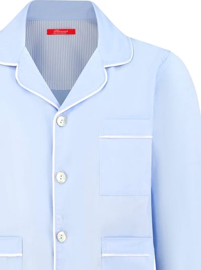 Exclusief Luxueus Kinder nachtkleding Luxe 100% katoenen zacht blauwe Klassieke Jongens Uni Pyjama van Hanssop met verfijnde randrand details en luxe parelmoer knoop verwerking, Jongens Pyjama, zacht uni blauw geweven katoen , maat 116