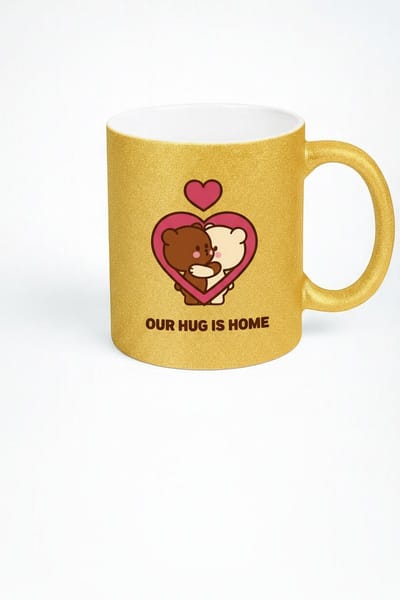 Glitter Gouden Mok 'Our Hug is Home' - Knuffel Beren Harten Design - Romantisch Cadeau voor Liefde & Thuis