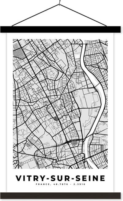 Posterhanger incl. Poster 40x60 cm - Schoolplaat - Kaart - Stadskaart - Frankrijk - Vitry-sur-Seine - Plattegrond - Textielposter - Zwarte latten - Stadskaart