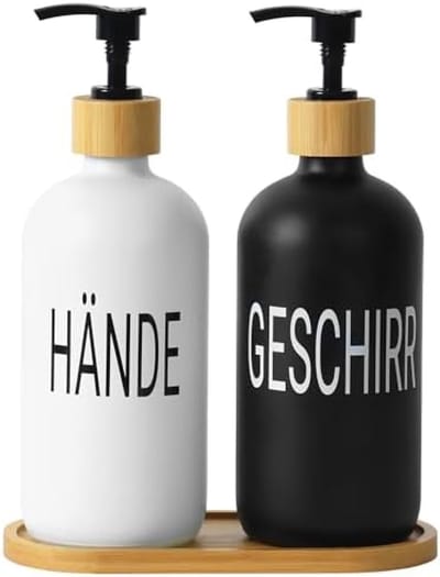 PromoHome 2 Stuks Glas Zeepdispenser Set met Bamboe Onderzetter - Handzeep en Afwasmiddel Dispenser - 500 ml Capaciteit - Zwart en Wit Design - Keuken en Badkamer Organizer