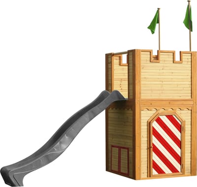 AXI Arthur Houten Speelhuis - Speeltoren met verdieping en Grijze Glijbaan - Speelhuisje in Bruin, rood & groen - FSC hout - Speeltoestel / Kasteel voor kinderen