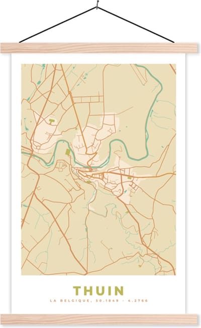 Posterhanger incl. Poster 40x60 cm - Schoolplaat - Plattegrond - België - Thuin - Stadskaart - Kaart - Textielposter - Blanke latten - Stadskaart