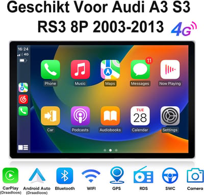 Junsun Android 15 Autoradio Geschikt Voor Audi A3 S3 RS3 8P 2003-2013, 4GB+64GB, Draadloze CarPlay & Andriod Auto, DAB+, GPS-navigatiesysteem, Bluetooth, Stuurwielbediening, WiFi, RDS, FM, USB, 13,1-inch 2K Touchscreen, DSP, 4G, Octa-core processor