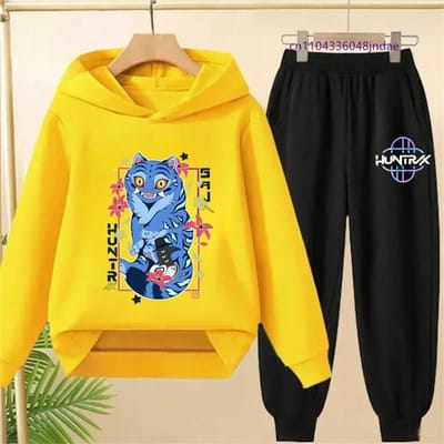 Demon Hunters Meisjes Lange Mouw Print Hoodie Tweedelige Set - Met capuchon, Regular Fit, Leuke Steek Hart Warmteoverdracht 160 gray