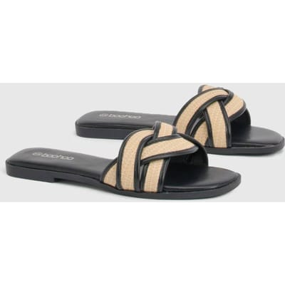 boohoo Dames Raffia Contrast Crossover Detail Slippers | Zwart | Maat: 37