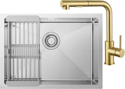 CECIPA Max Spoelbak voor keuken 60x44cm - Inbouwspoelbak Met Goud Keukenkraan met Uittrekbare Uitloop - Spoelbakken Keuken RVS - Spoelbak Met Verstelbaar Mandje - Met Afdruiprek