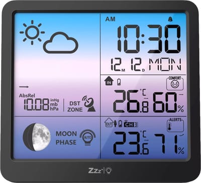 Yuconn Weerstation Binnen en Buiten - Draadloos Weerstation met Buitensensor - 100 Meter Bereik - Waterdicht - Thermometer Hygrometer - Barometer - DST / DCF Gestuurde Klok - Temperatuurmeter binnen - Zwart