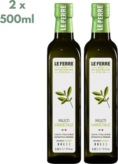 LeFerre - Multivarietale - Italiaanse Extra Vierge Olijfolie 2x 500 ml – Prijswinnende Multivarietale Olijfolie uit Puglia – Voor Koude en Warme Gerechten – Set van 2 Flessen (1 Liter)