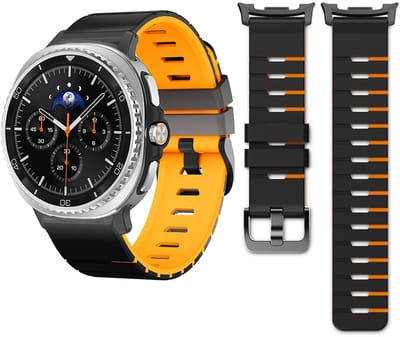 Stravo Siliconen Horlogebandje met Piano-Key Look – Geschikt voor Samsung Galaxy Watch 9 (40/44mm) / Watch 8 (40/44mm) / 8 Classic (46mm) – Tweekleurig Sportief Design Smartwatch Bandje – Zwart/oranje