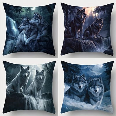 4-Delige Bedrukte Kussensloop Set – Wolf Totem Design met Maanverlicht Bos, Waterval & Besneeuwde Bergen 50x50cm