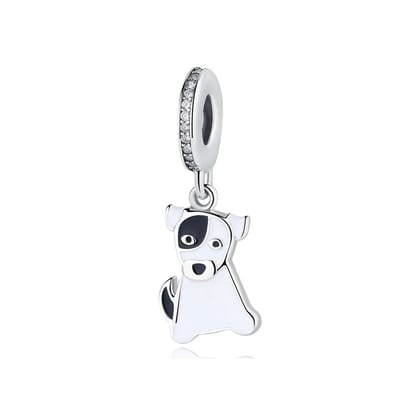 Fler® | Bedel | Past op populaire bedel armbanden (standaard-3mm) | armbandbedel | Geëmailleerde Puppy Bedel | Hangbedel Charm | 925 Sterling Zilver | Heldere Zirkonia | Emaille | zwart & Wit | Armband Kraal | Kerstcadeau | Valentijn kado