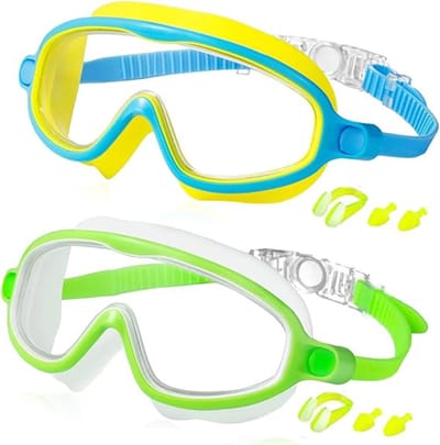 2 Stuks Kinder Zwembril met Neusklem en Oordopjes - Anti Condens Lekkagevrije Breedzicht Zwembril voor Jongens Meisjes 3-15 Jaar - UV Bescherming Zacht Silicone Zwemglas voor Zwembad Strand