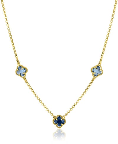 ZINZI gold plated zilveren schakelketting met twee lichtblauwe klavers en een donkerblauwe klaver 42-45cm ZIC2662B