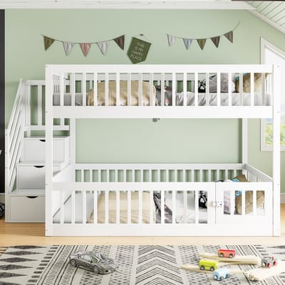 140x200 cm stapelbed - kinderbed - met veilige ladder en lade - tweepersoonsbed met opbergruimte - wit - zonder matras