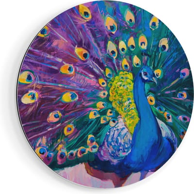 Artaza Dibond Muurcirkel Pauw Met Kleurrijke Veren Van Olieverf - Abstract - Ø 60 cm - Wandcirkel - Rond Schilderij - Voor Binnen en Buiten