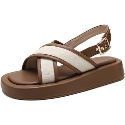 Zomerschoenen voor dames Damessandalen Platformhak Echte leer Blokhak Plat met Sandalen Hakken Koeienleer 36 bruin