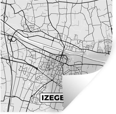 Muurstickers - Sticker Folie - Zwart Wit – België – Plattegrond – Stadskaart – Kaart – Izegem - 100x100 cm - Plakfolie - Muurstickers Kinderkamer - Zelfklevend Behang XXL - Zelfklevend behangpapier - Stickerfolie