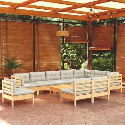 vidaXL - 11-delige - Loungeset - met - crèmekleurige - kussens - grenenhout