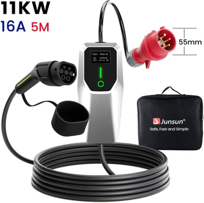 Cestovet Mobiele Thuislader 11kW - CEE naar Type 2 stekker EV oplader - Aanpassing met dubbele knop - 5 meter Laadkabel - 6A/8A/10A/13A/16A Huidige instelling - 3 fase - IP66 waterdicht laadstation met LCD Digitaal Display
