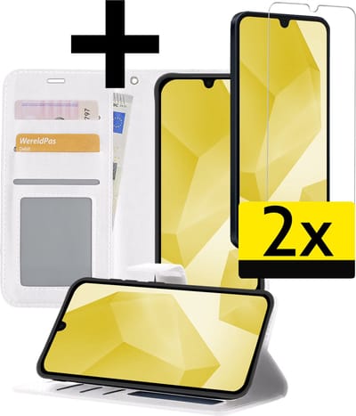 Hoesje - Met 2x Screenprotector - Geschikt voor Samsung Galaxy A16 - Luxe Pasjeshouder - Bookcase Portemonee - Flip Case - Kunstleer Book Case - Flipcase Hoes - Book Cover - Walletcase - Portemonneehoes - Telefoonhoesjes - Wit